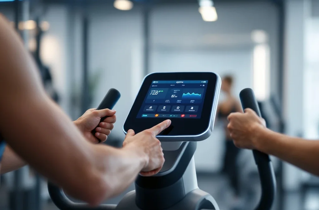 EGYM smart fitness machine met touchscreen display en workout data in moderne sportschool, handen op handgrepen