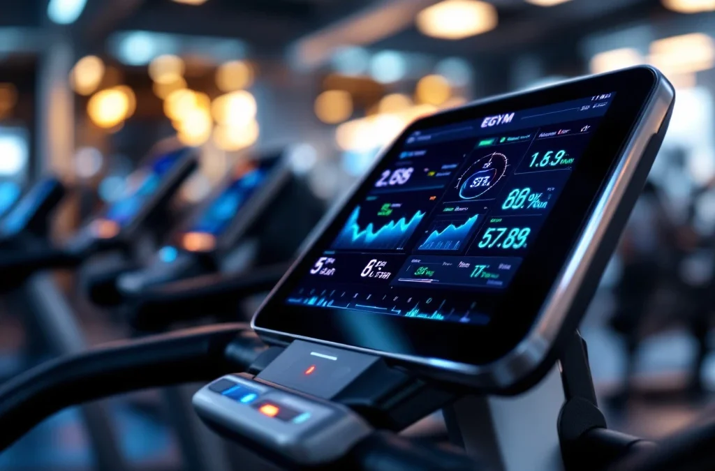 EGYM slimme fitnessapparatuur met digitale displays die trainingsdata en voortgangsmetrieken tonen in moderne sportschool