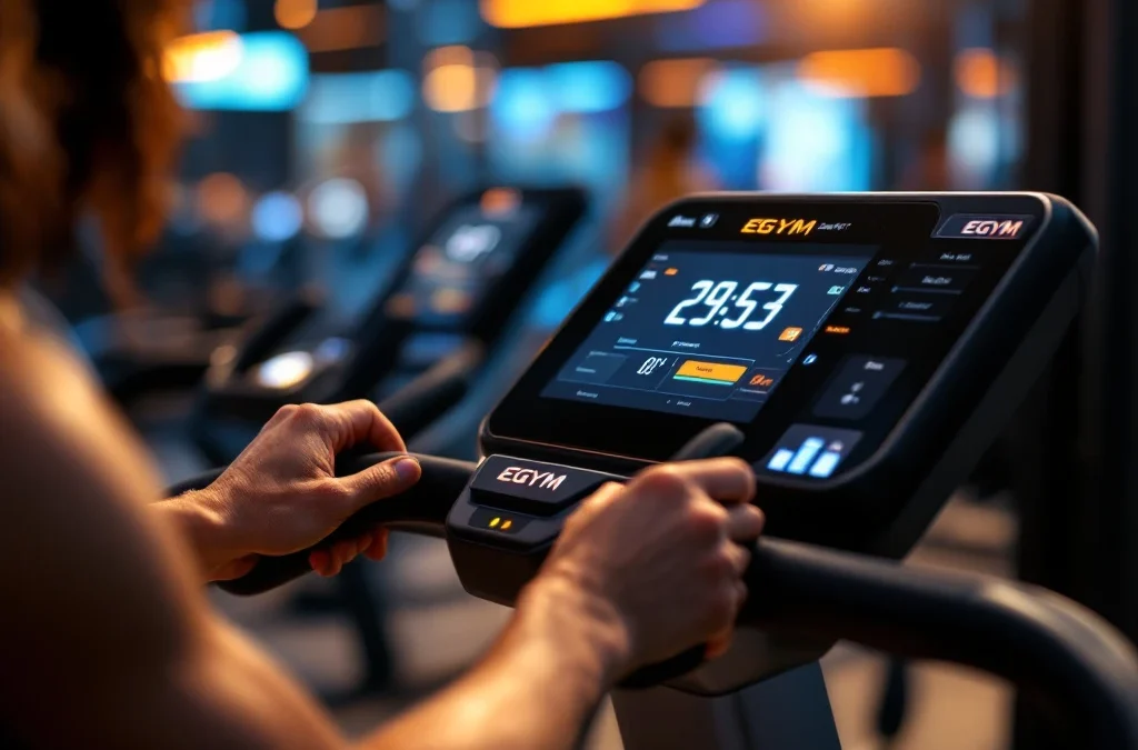 Atleet gebruikt moderne EGYM slimme fitnessapparatuur met digitale displays in premium sportschool met sfeerverlichting