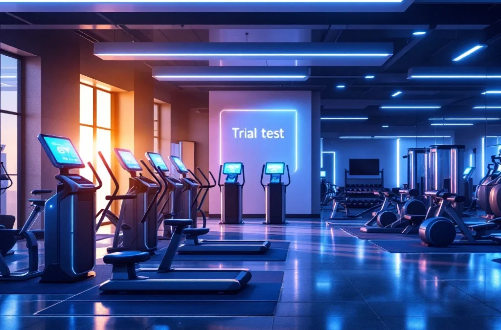 Moderne sportschool met EGYM smart fitnessapparatuur en digitale displays, open deur symboliseert proeftraining