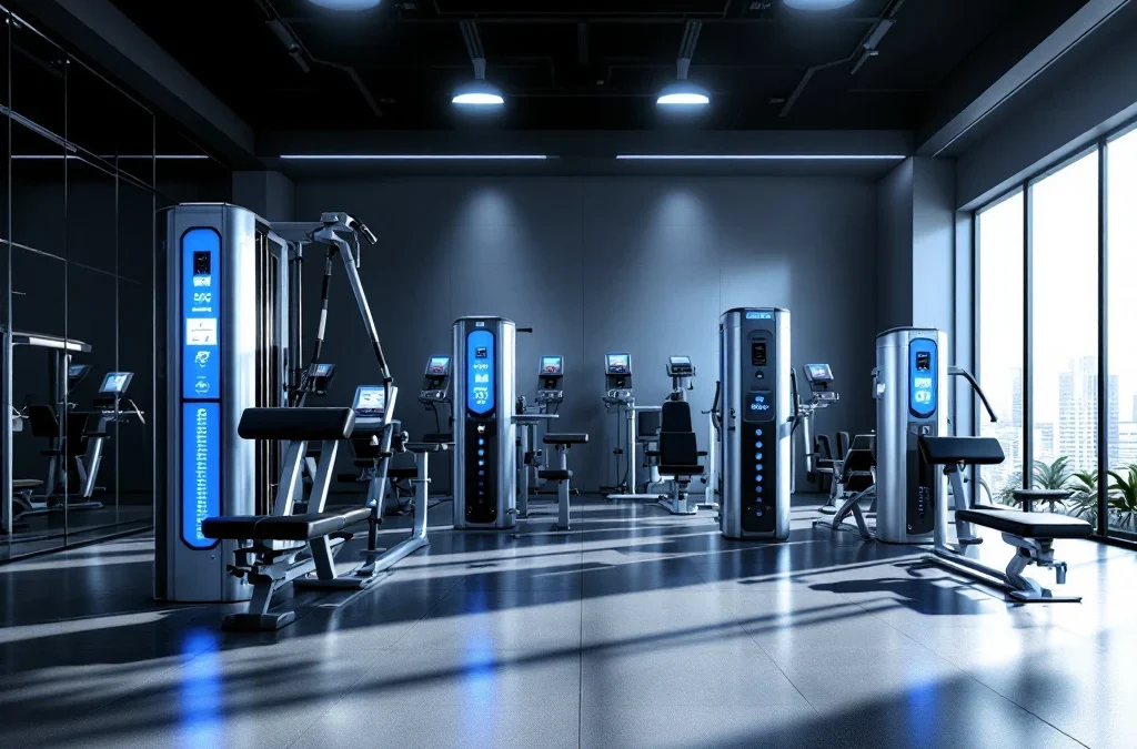 Moderne EGYM smart fitnessapparatuur in luxe sportschool met LED-verlichting en digitale displays voor krachttraining