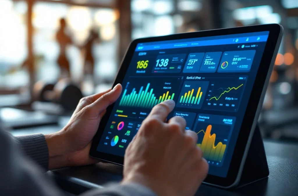 Handen bedienen tablet met EGYM fitness-app die kleurrijke voortgangsgrafieken toont in moderne sportschool