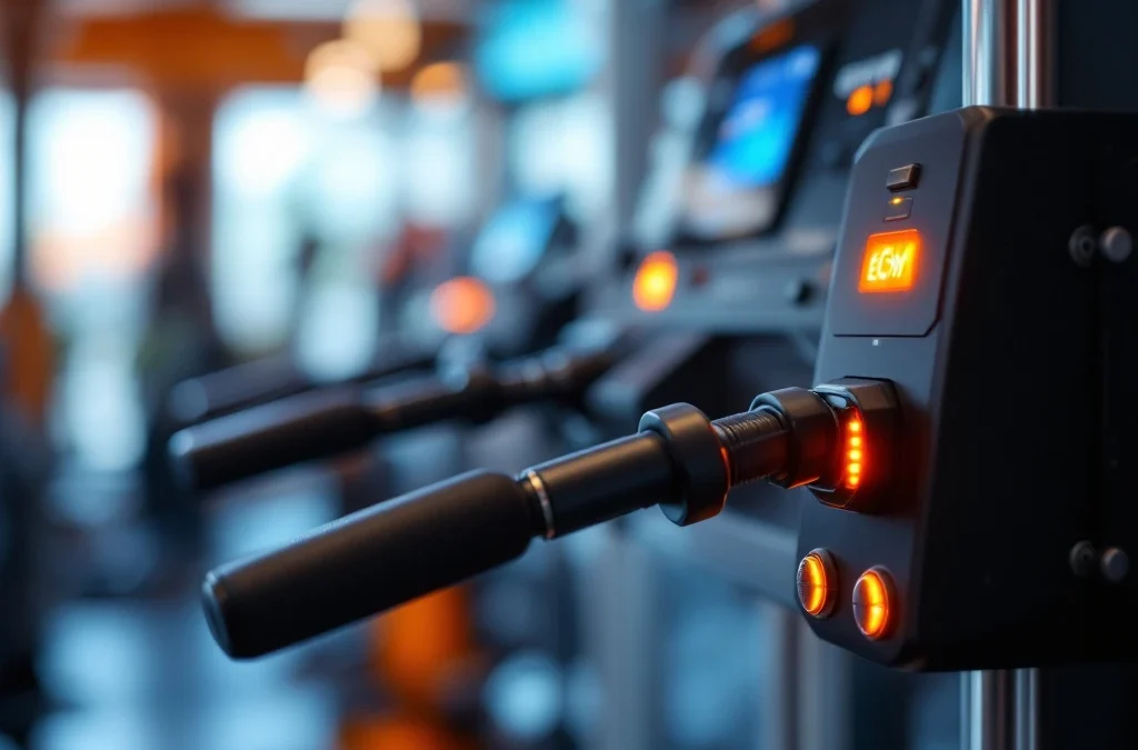 Moderne EGYM fitnessapparatuur met toegankelijkheidsfuncties, verstelbare steunen en ergonomische grepen in professionele gym