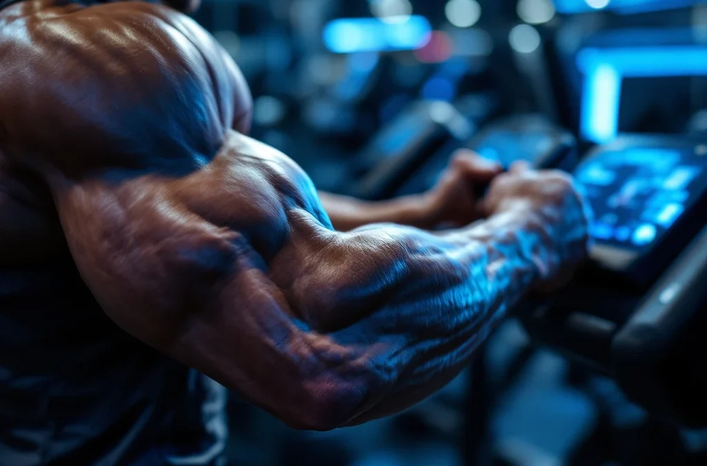 Gespierde armen grijpen moderne fitnessapparatuur in high-tech sportschool met blauwe verlichting en digitale interfaces