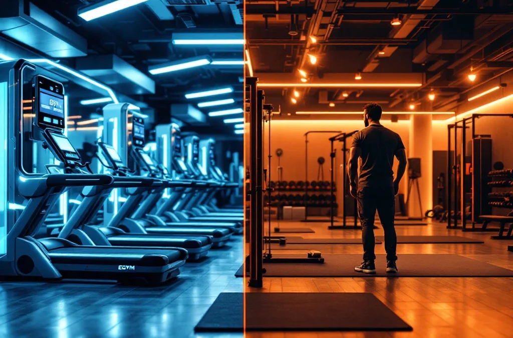 Split-screen vergelijking van moderne EGYM fitnessapparatuur met digitale displays versus traditionele personal training setup