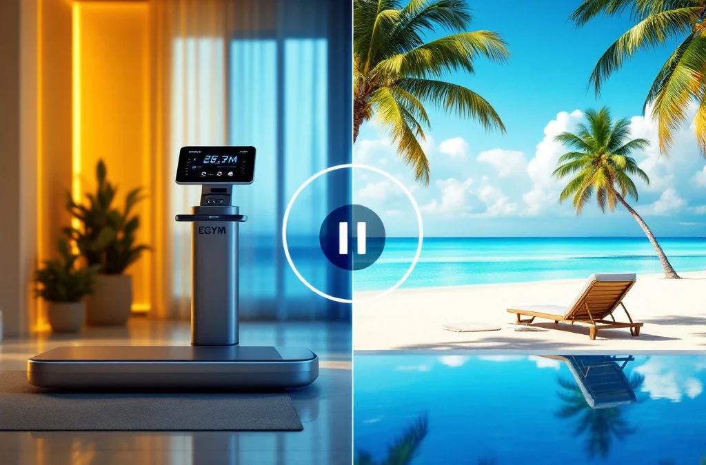 EGYM smart fitnessapparaat met digitaal scherm naast tropisch strandvakantie-tafereel met palmbomen en blauwe zee