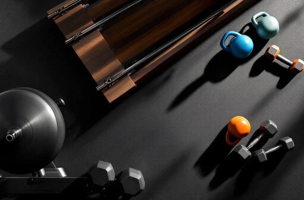 Moderne fitnessapparatuur van bovenaf gefotografeerd met houten slee, kettlebells, roeimachine en halters op donkere vloer