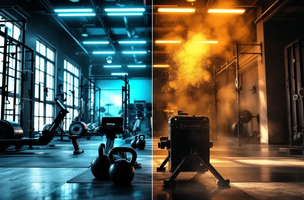 Gesplitst beeld van moderne Hyrox trainingsruimte met blauwe verlichting links en ruige CrossFit gym met oranje licht rechts