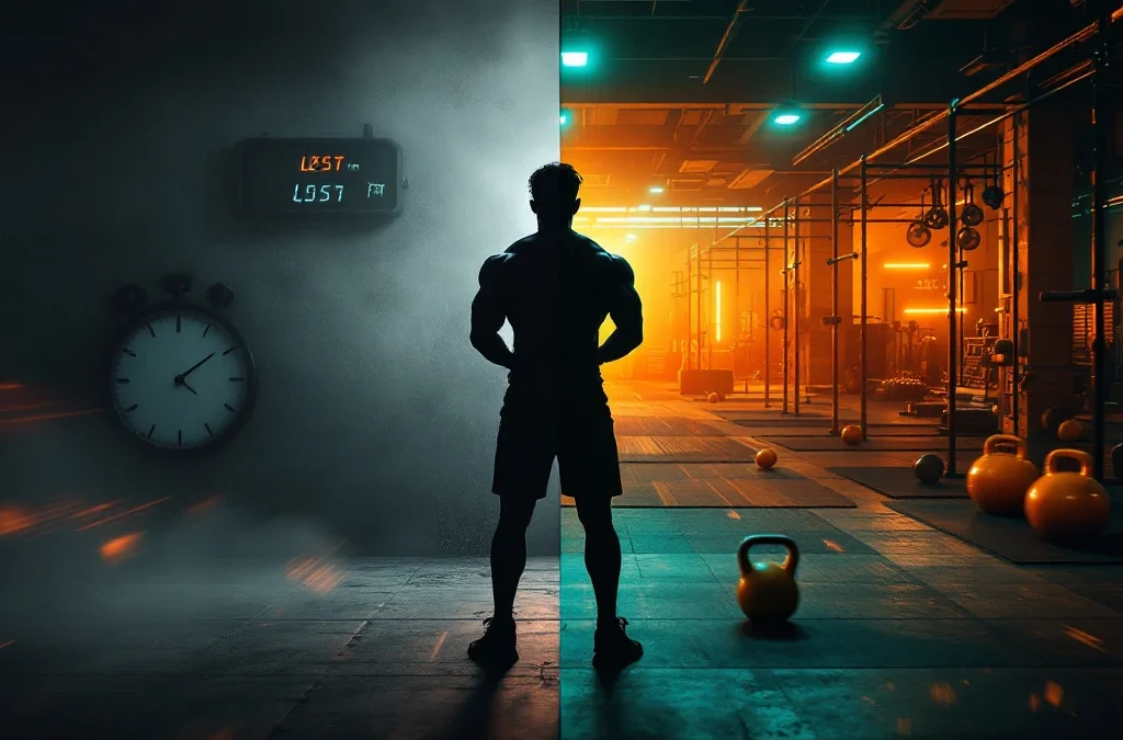 Gefrustreerde atleet silhouet tegenover heldere Hyrox trainingsruimte met barbells, kettlebells en loopapparatuur