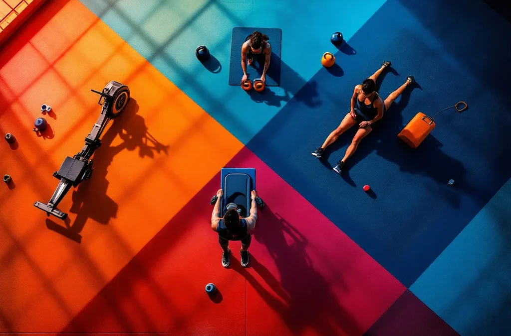 Moderne sportschool met vijf Hyrox-trainingsstations in diagonale opstelling, dramatische oranje-blauwe belichting