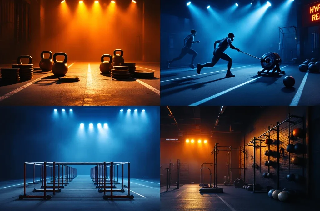 Vier Hyrox trainingszones met kettlebells, roeitoestel, slee, hindernisbaan en functionele fitnessapparatuur in dramatische verlichting