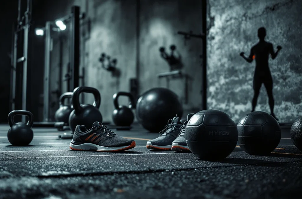 Hyrox trainingsapparatuur in sportschool: kettlebells, roeitrainer, wandballen, slee en hardloopschoenen met dramatische verlichting