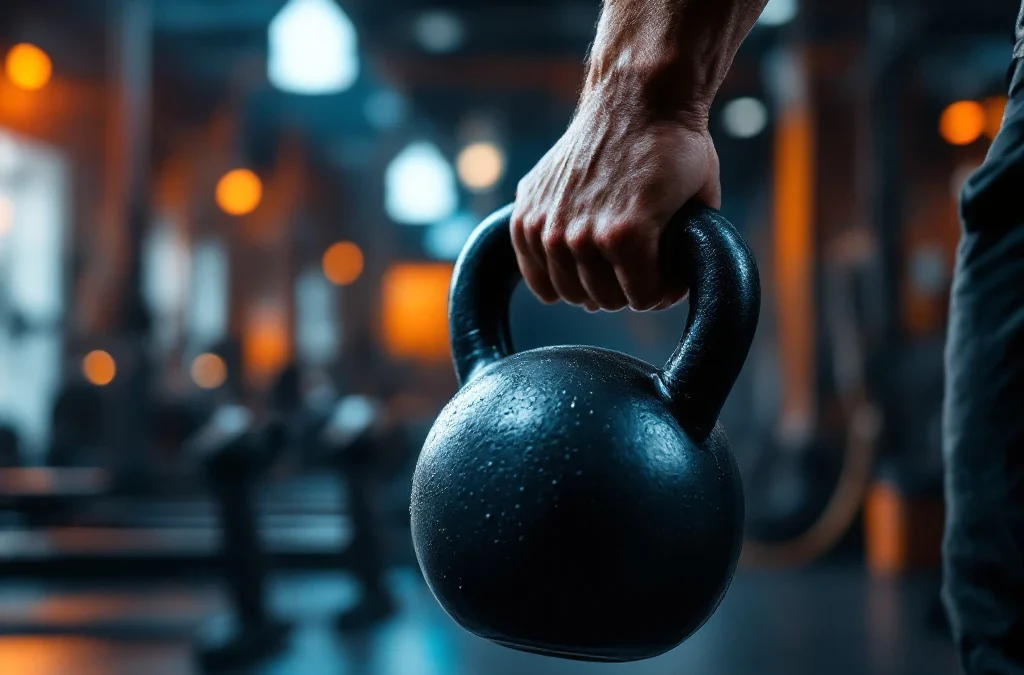 Atletische handen grijpen kettlebell tijdens CrossFit training in moderne sportschool met functionele fitnessapparatuur