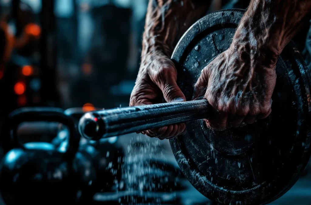 Krachtige handen grijpen zware halter met krijtstof in dramatisch verlichte sportschool met kettlebells op achtergrond