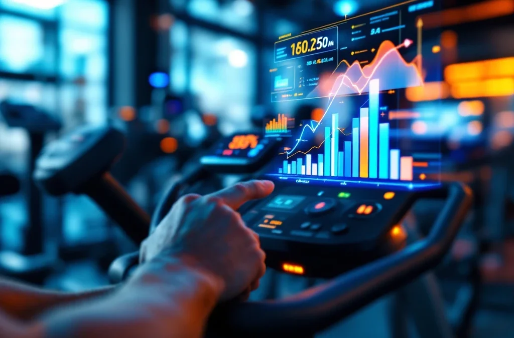 Atleet gebruikt moderne fitnessapparatuur met digitale displays en holografische data in high-tech sportschool