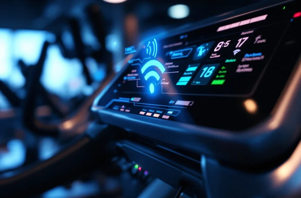 Moderne fitnessapparatuur met digitale displays, touchscreens en LED-indicatoren in premium sportschool setting