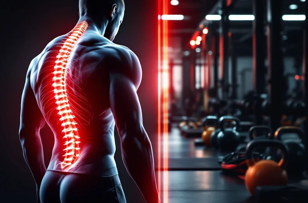 Anatomische ruggengraat met pijnpunten naast CrossFit-apparatuur zoals kettlebells en halterstangen in sportschool