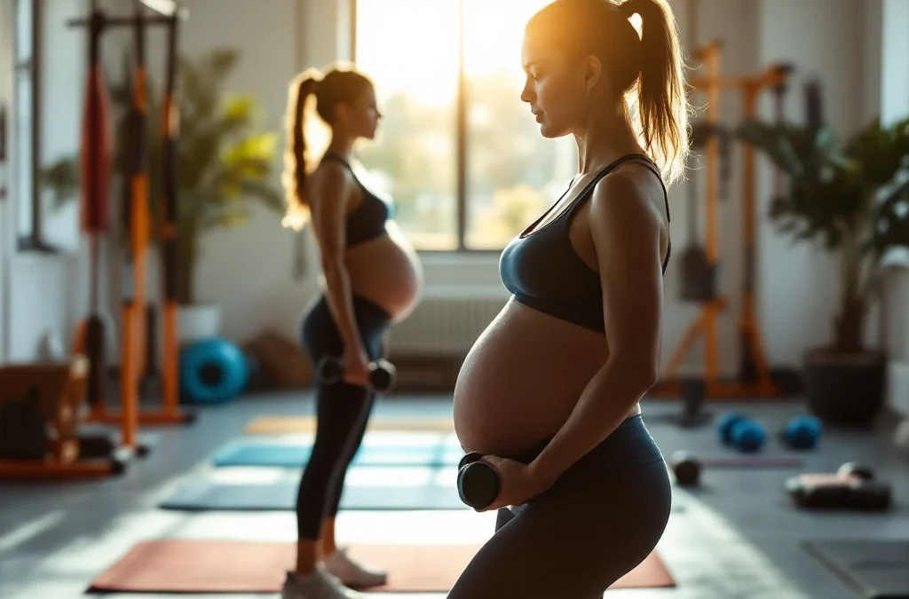 Zwangere vrouw doet aangepaste CrossFit oefening met dumbbells in moderne sportschool met natuurlijk licht