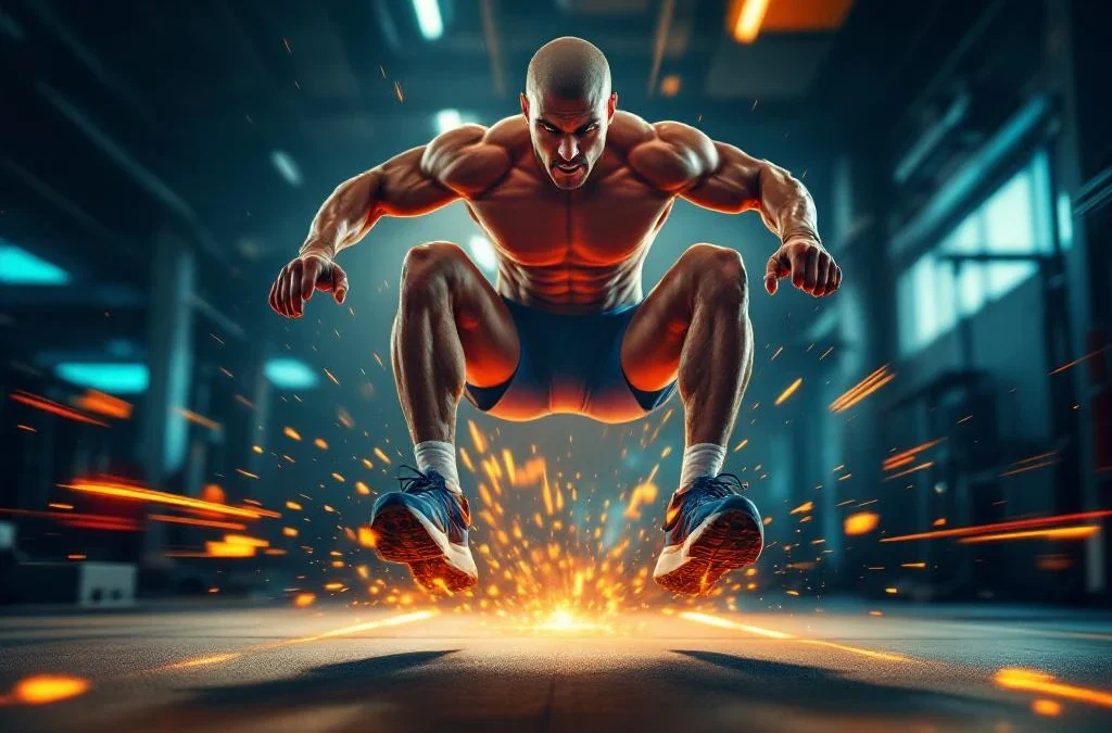 Atleet voert explosieve burpee broad jump uit in moderne sportschool met dramatische belichting en oranje-blauwe sportkleding.