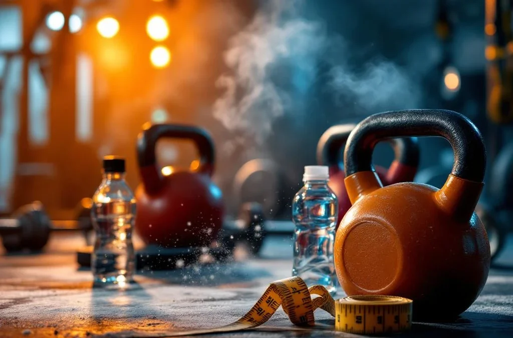 CrossFit gym met halters, kettlebells en ringen; meetlint en waterfles symboliseren gewichtsverlies doelen