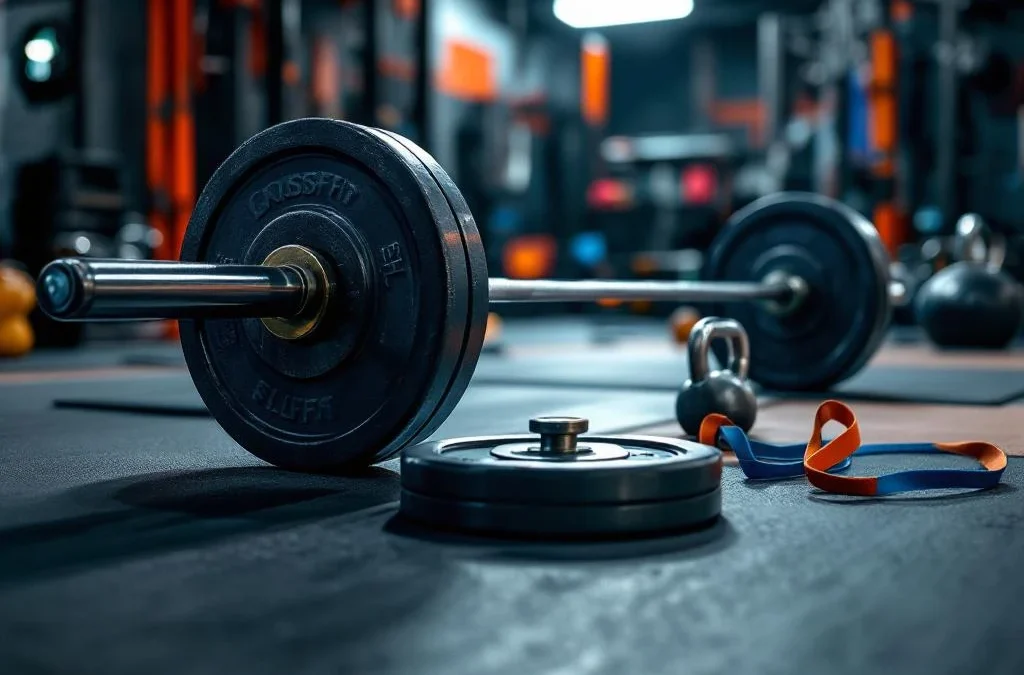Halterbank met olympische gewichten op rubberen vloer in CrossFit sportschool met kettlebells en weerstandsbanden