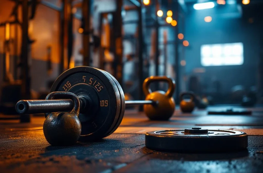 CrossFit gym met halters, kettlebells en timer op rubberen vloer onder industriële verlichting