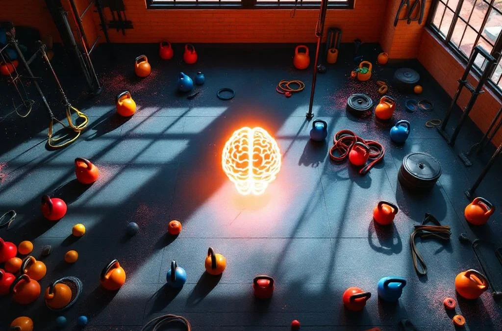 CrossFit gym bovenaanzicht met kleurrijke kettlebells, halterstangen en weerstandsbanden onder dramatisch licht