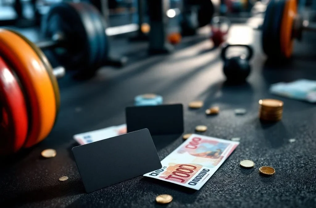 CrossFit sportschool van bovenaf met halters, kettlebells en lidmaatschapskaart met eurobiljetten op donkere vloer