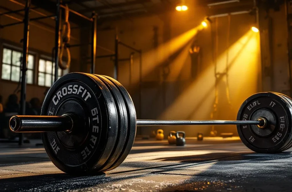 CrossFit sportschool met olympische halter, kettlebells en pull-up stangen in dramatische gouden verlichting