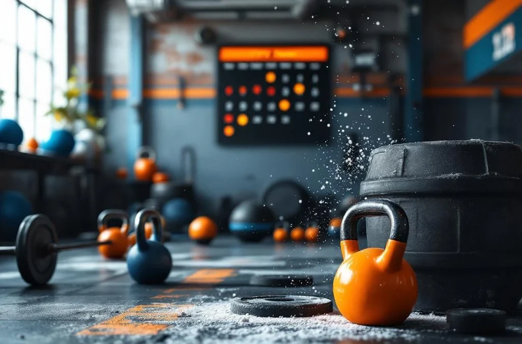 CrossFit gym met halterstangen, kettlebells en trainingsschema op de voorgrond, dramatische verlichting en zwevend krijtstof