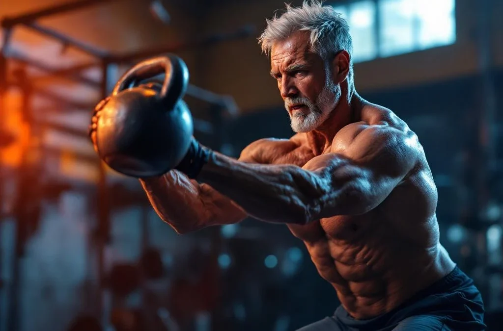 Fitte persoon van 40+ doet kettlebell swing in CrossFit gym, dramatische verlichting toont spierdefinitie en beweging