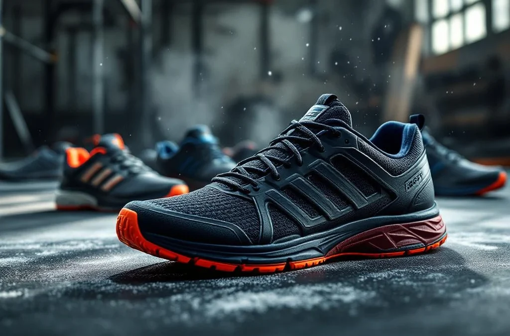 CrossFit trainingsschoenen op sportschoolvloer met dramatische belichting en chalk stof in de lucht