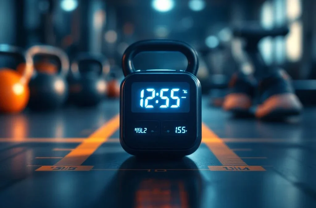 Digitale sporttimer toont milliseconden nauwkeurig, met onscherpe fitnessapparatuur op achtergrond in moderne sportschool