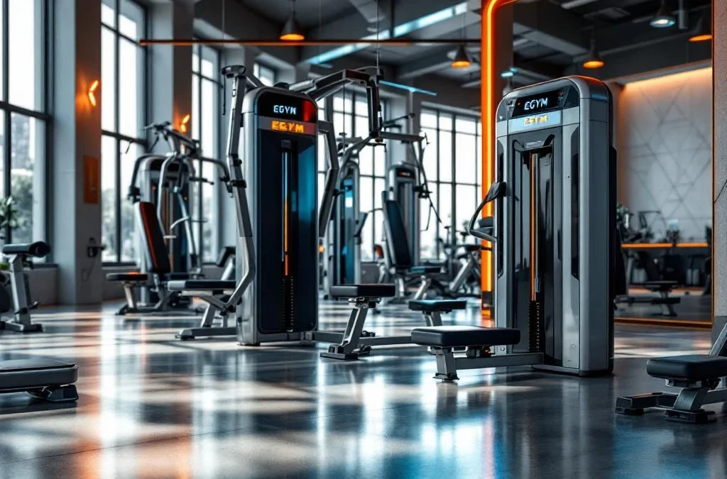 Moderne EGYM fitnessapparatuur in ruime sportschool met natuurlijk licht en kleuraccenten