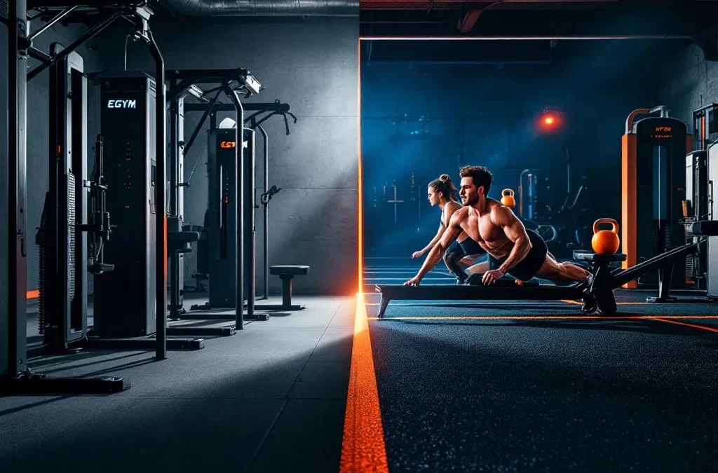 EGYM krachttrainingsapparatuur met digitale displays naast Hyrox functionele fitness equipment in split-screen compositie