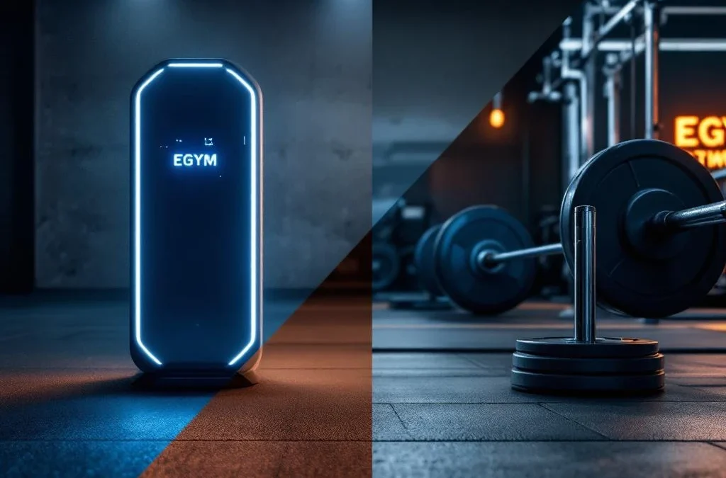 Moderne sportschool met EGYM trainingsapparaat en olympisch gewichthefuitrusting op professioneel verlicht platform