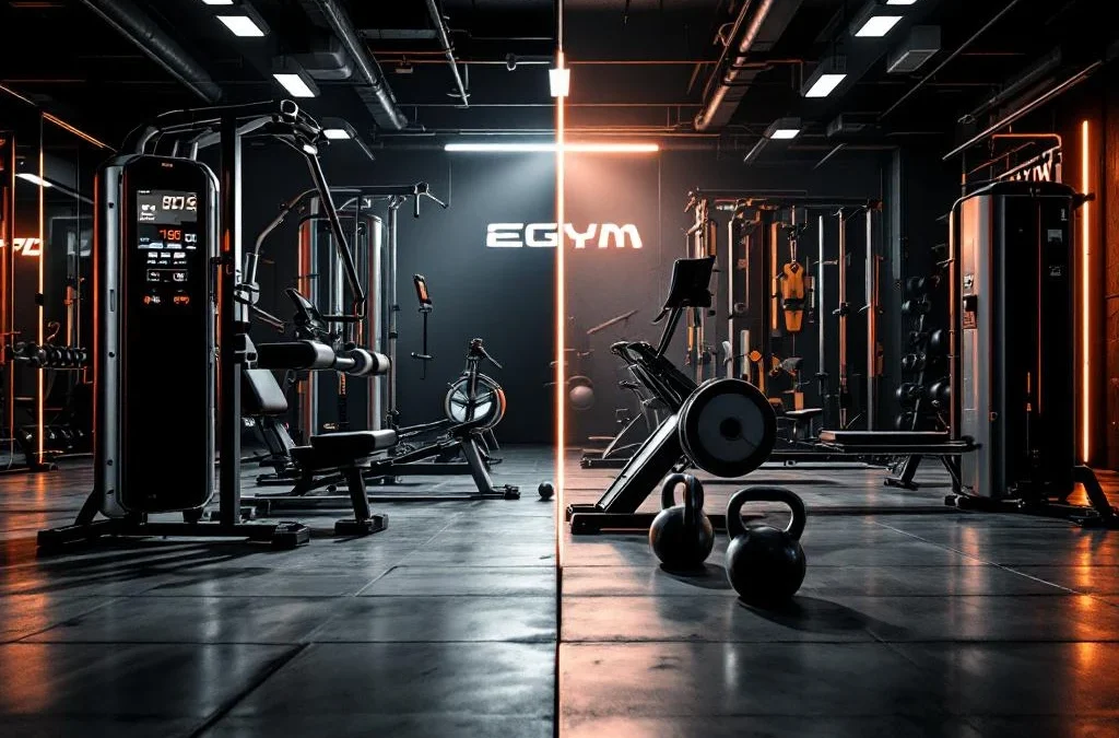 Moderne EGYM fitnessapparatuur met digitale displays naast HYROX trainingsuitrusting in professionele sportschool