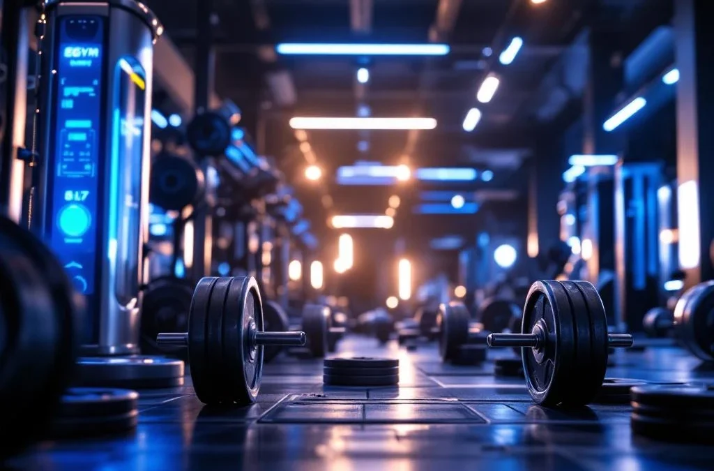 Moderne sportschool met EGYM smart fitness apparaten op voorgrond en traditionele gewichten op achtergrond