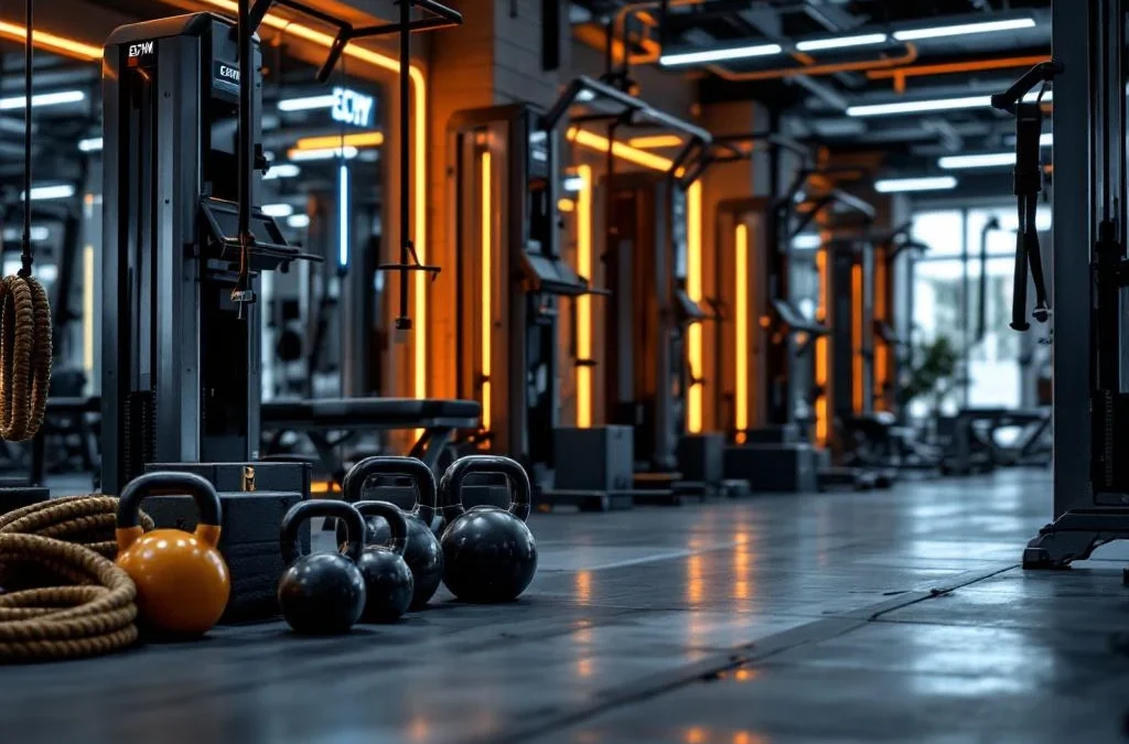 Moderne sportschool met EGYM smart trainingsapparatuur, kettlebells en battle ropes onder professionele LED-verlichting