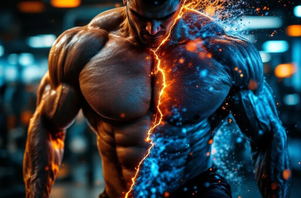 Atleet voert Hyrox sled push en zwembeweging uit in gesplitst sportscherm met dramatische gymverlichting