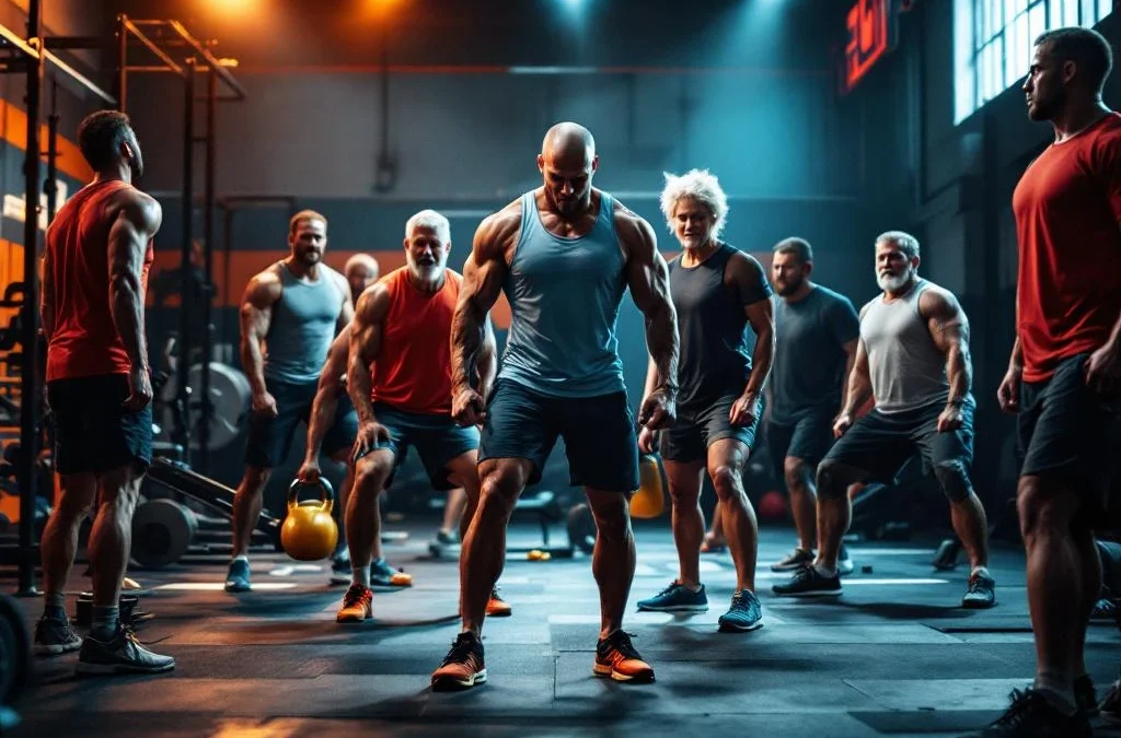 Diverse atleten van alle leeftijden trainen met kettlebells en roeimachines in moderne sportschool tijdens Hyrox competitie