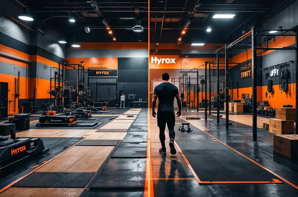 Hyrox versus CrossFit trainingsruimtes in split-screen weergave met gespecialiseerde fitnessapparatuur en contrasterende verlichting