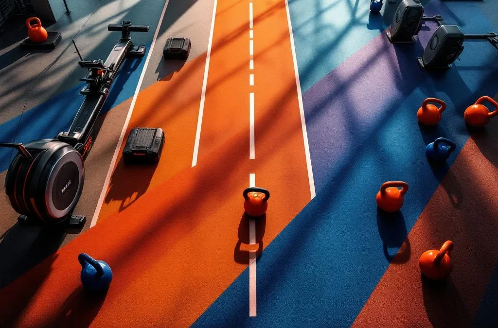 Moderne Hyrox sportschool van bovenaf met roeitoestel, kettlebells, sleeën en loopbanen in oranje en blauw