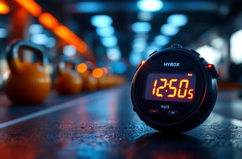 Digitale stopwatch toont race tijden met Hyrox sportuitrusting zoals kettlebells en roeiapparaat op achtergrond in sportschool