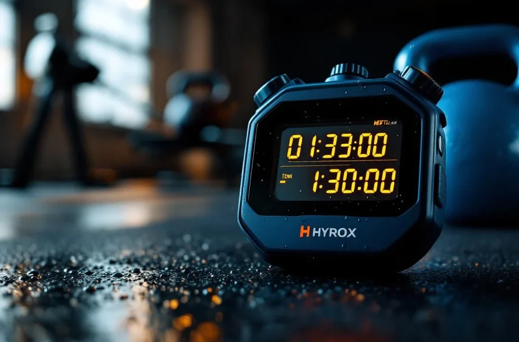 Digitale stopwatch toont 01:30:00 met Hyrox fitnessapparatuur op achtergrond, zweet en dramatische belichting