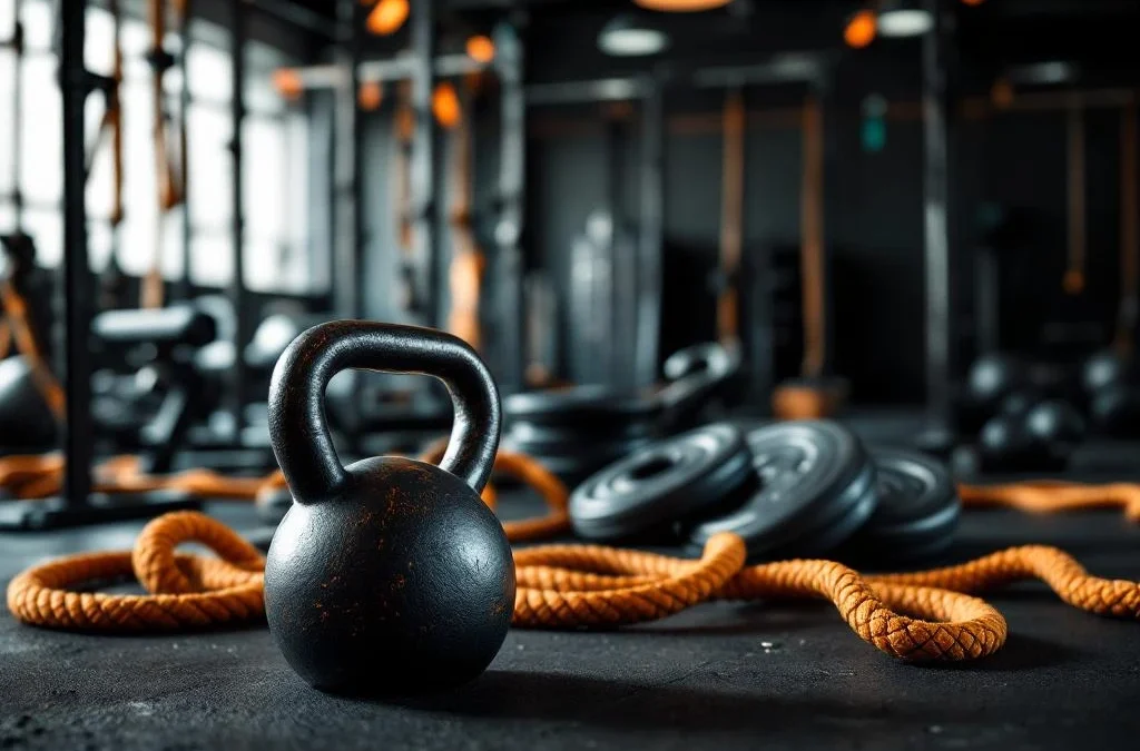 CrossFit gym met Hyrox trainingsapparatuur: kettlebell, roeitrainer, slee, battle ropes en pull-up bars op zwarte vloer