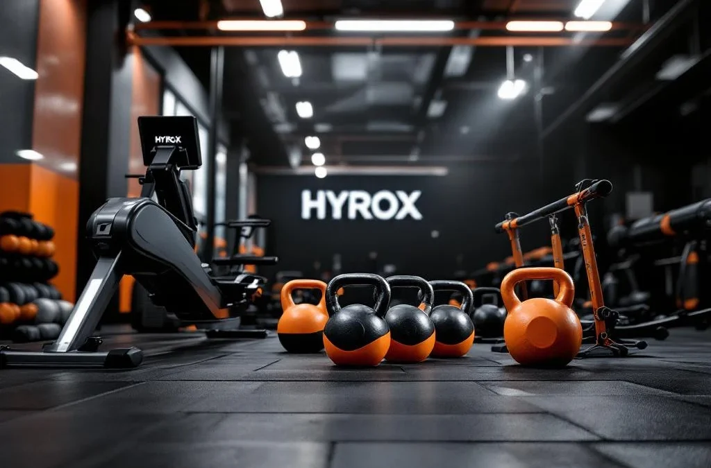 Hyrox trainingsapparatuur in moderne sportschool met roeimachine, kettlebells en slee met dramatische verlichting