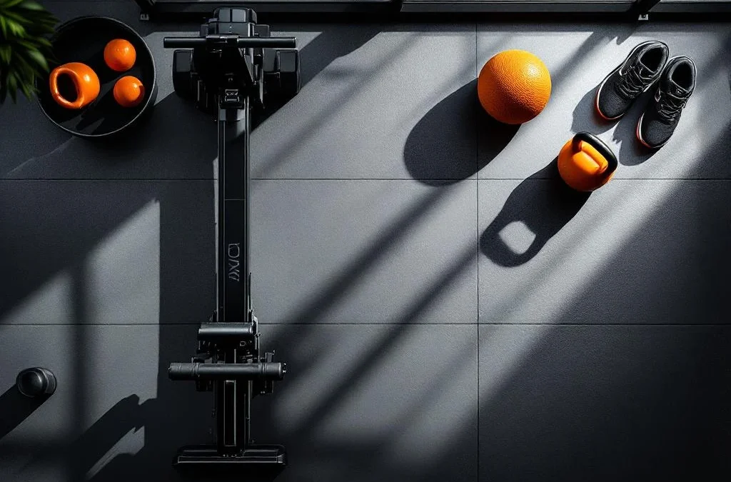 Moderne sportschool met Hyrox trainingsapparatuur: roeimachine, kettlebells, wall balls en hardloopschoenen van bovenaf