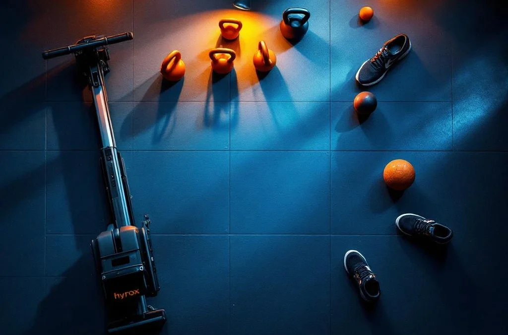 Hyrox trainingsapparatuur in cirkelpatroon op moderne sportschoolvloer met dramatische verlichting en oranje-blauwe kleuren