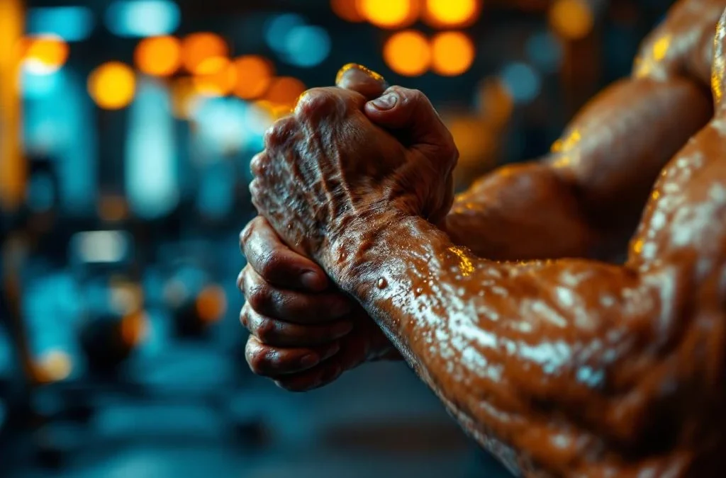 Uitgeputte atleet grijpt sportapparatuur vast, zweet op gespierde onderarmen in sportschool met Hyrox trainingsstations